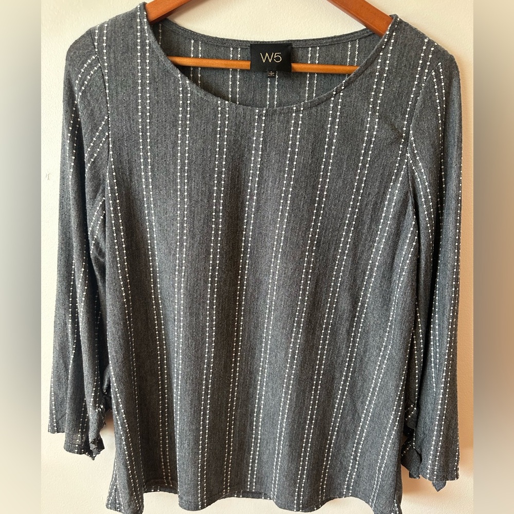 W5 L Charcoal Pinstripe 3/4  Ruffle Sleeve Top Casual